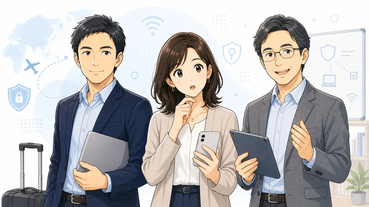 スマートフォンやタブレットを持つ案内役の人物たち