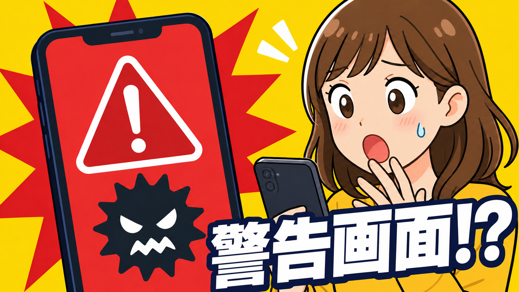 スマホに赤い警告画面が出て驚く人物。「警告画面!?」という文字入り