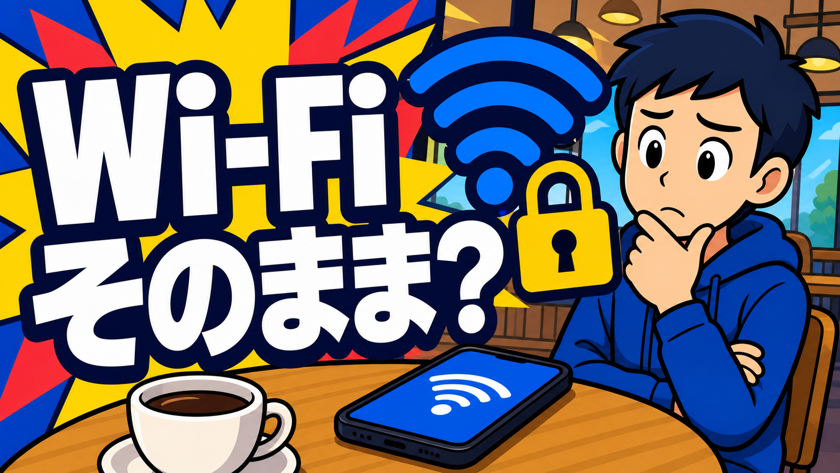 カフェでWi-Fi接続を迷う人物。「Wi-Fiそのまま？」という文字入り
