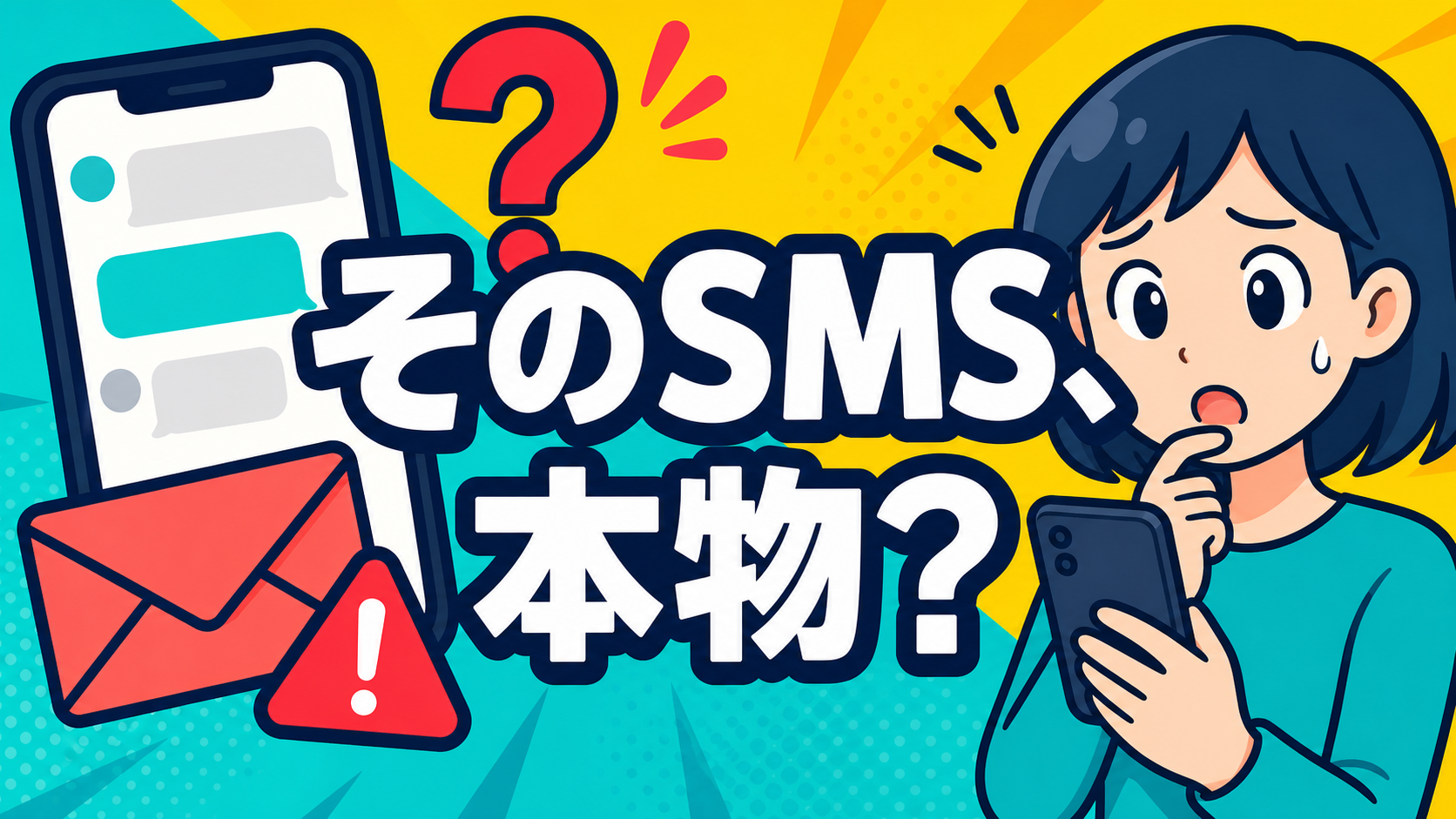 怪しいメッセージを見て迷う人物。「そのSMS、本物？」という文字入り